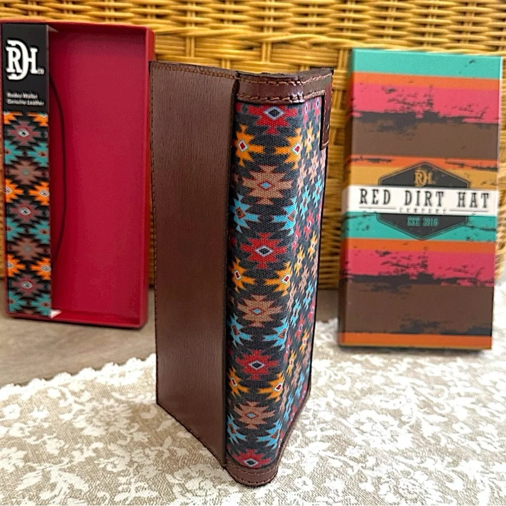 Red Dirt Hat Co Mens Rodeo Southwest Canvas Inlay Wallet Genuine Leather New